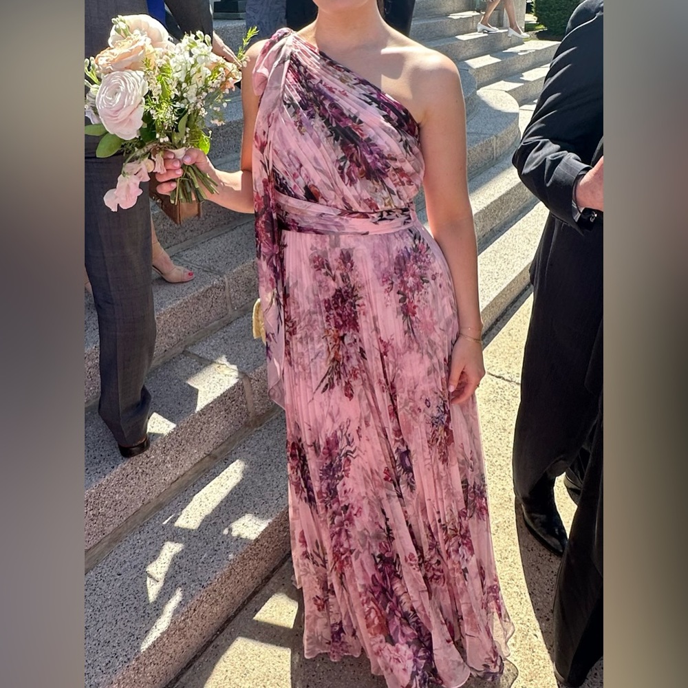 Marchesa Notte one-shoulder pleated floral-print chiffon gown